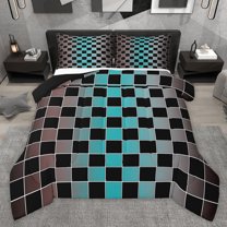 Castle Fairy Minimalist Checkered Bedding Comforter Set 2pcs for Kids Children Teens,Abstract Gradient Geometric Plaid Twin Comforter Sets Microfiber,Grey Brown Teal Breathable Bedding Set