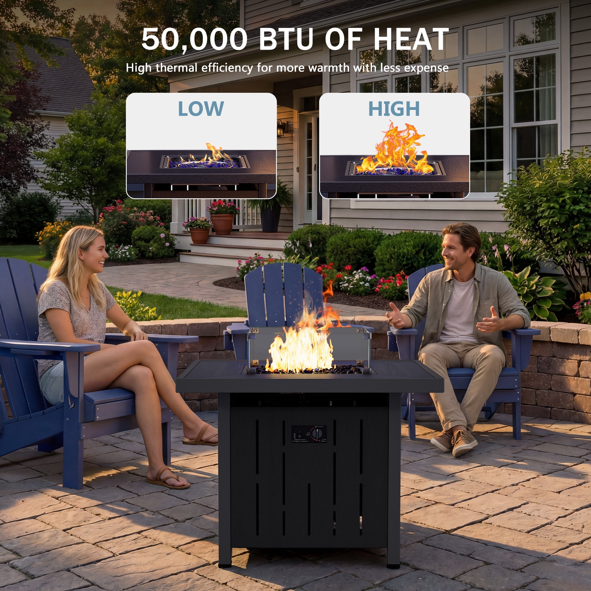 SERWALL Propane Fire Pit Table, 33 Inch Square Outdoor Fire Table with Lid, 50,000 BTU Gas Fire Pit Table with Glass Wind Guard, HDPE Fireplace for Patio, Black
