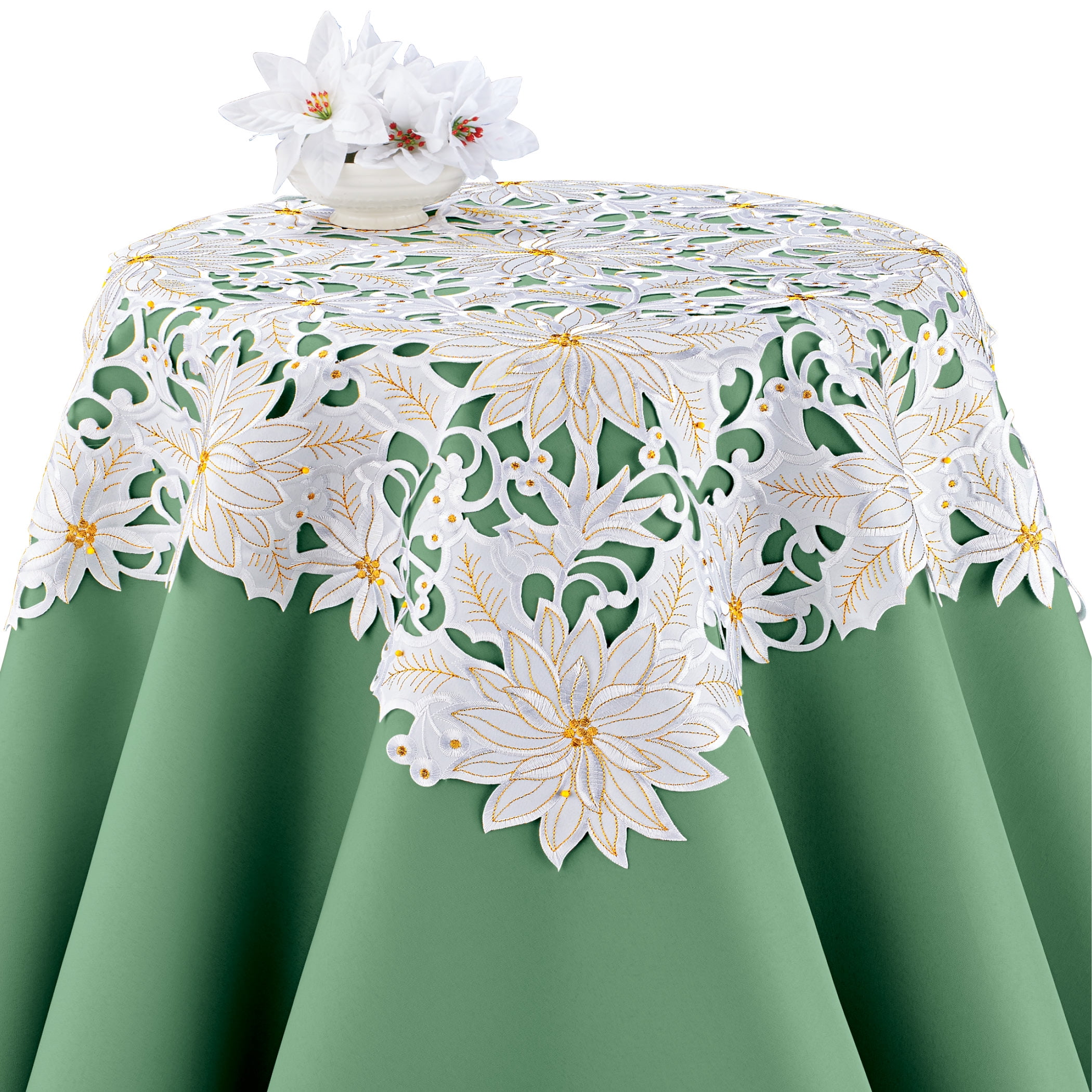 Collections Etc Winter Poinsettia White Embroidered Table Linens RUNNER