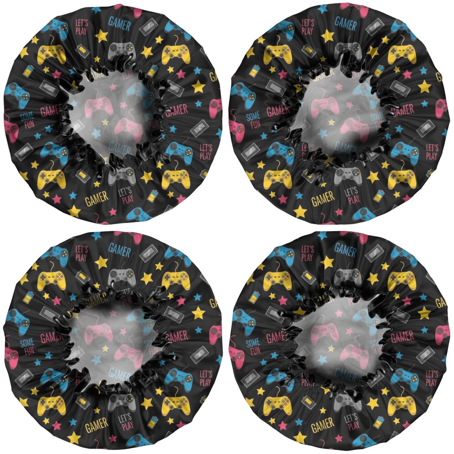 Shower Caps,Blue Controllers Games Icons Black Pattern Waterproof Shower Cap for Women 4 Pieces,Double Reusable Hair Cover for Shower PEVA Elastic Stretch Hem