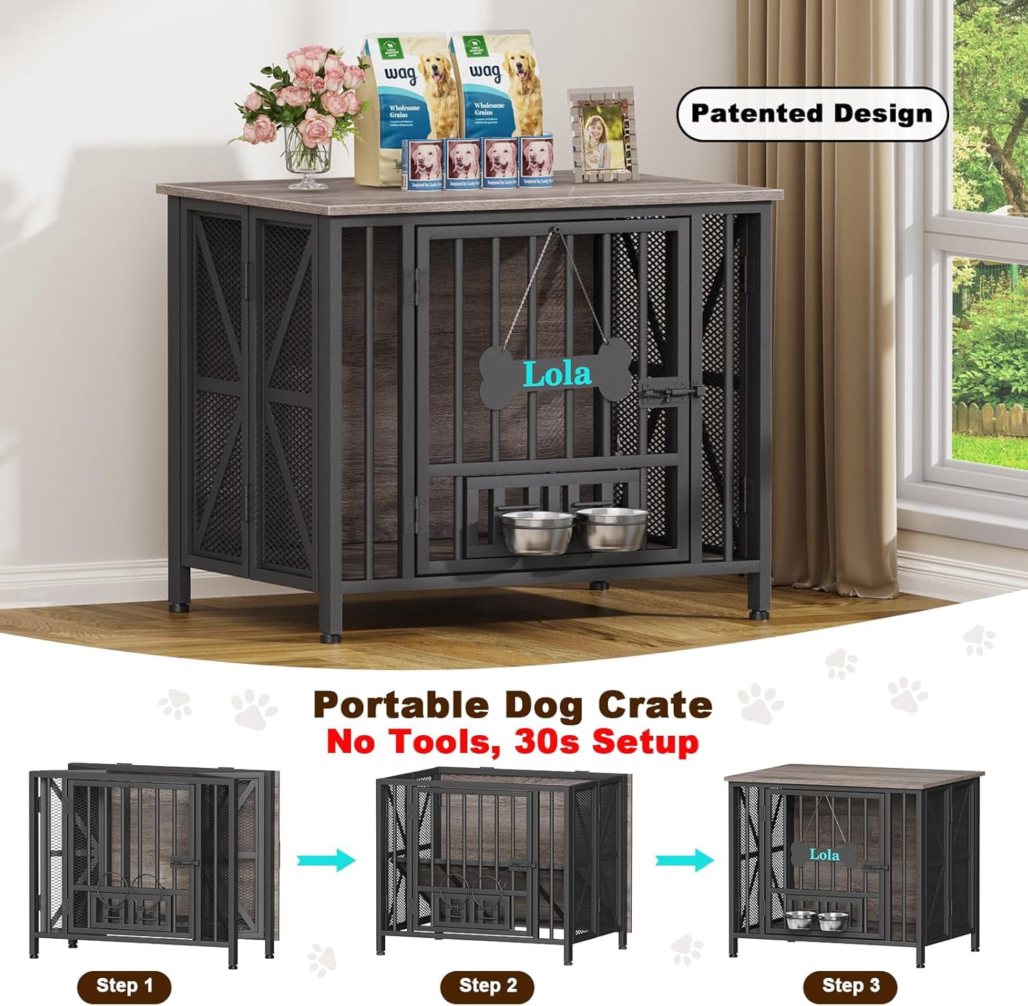 POAO 31.5"Assembly-Free Dog Crate Furniture for Small Dog, Foldable Dog Kennel Indoor with Tag &Adjustable Dog Bowls, Wooden Dog Cage,End Table
