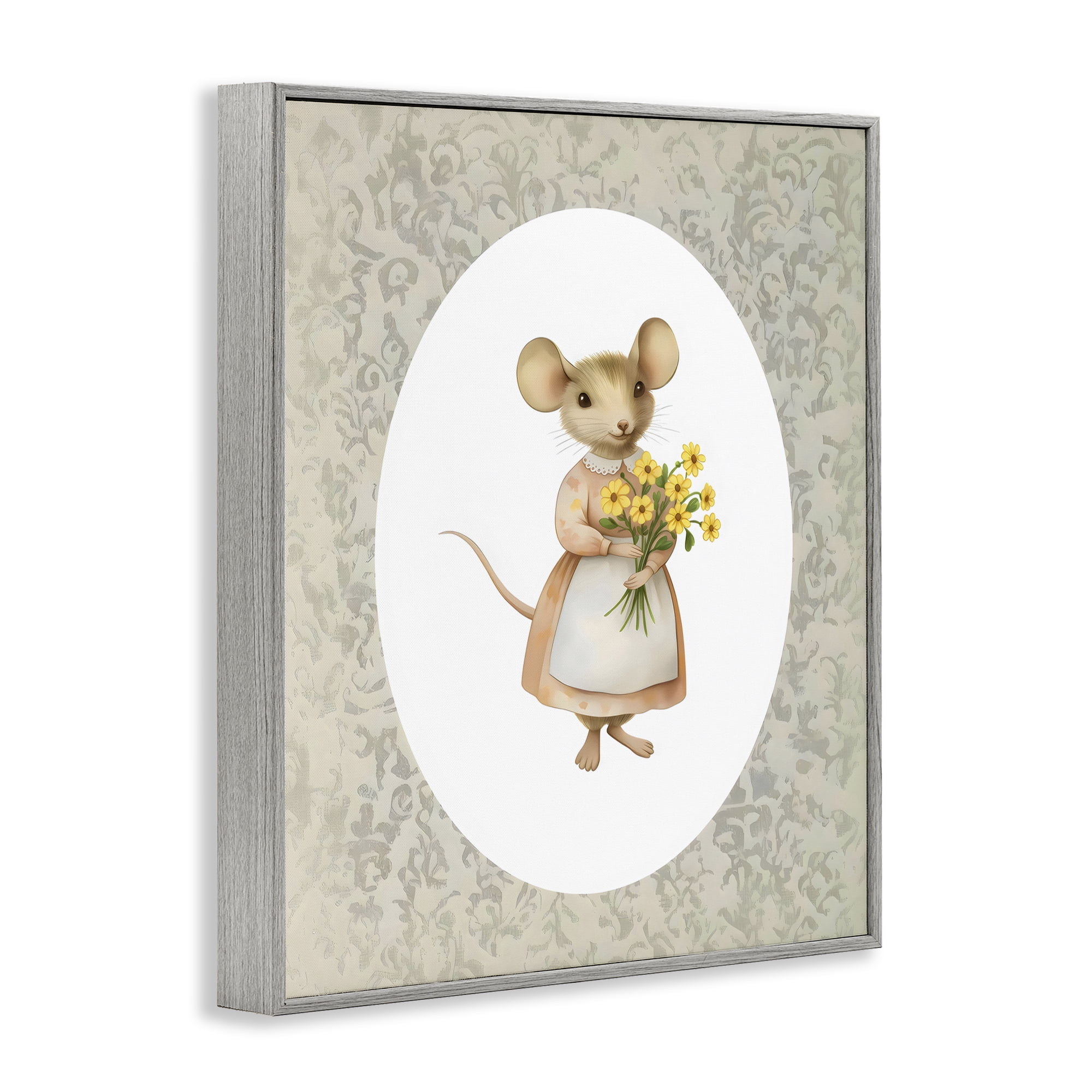 Stupell Industries Little Mouse with Flowers Gray Framed Giclee Art, design by Arlington Prints