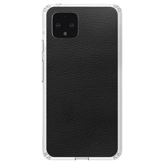 DistinctInk Clear Shockproof Hybrid Case for Google Pixel 4 (5.7" Screen) - TPU Bumper, Acrylic Back, Tempered Glass Screen Protector - Black Faux Leather Print Design - Printed Faux Leather Image