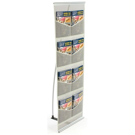 Magazine Display w/8 Pockets, Silver Mesh Construction, Ultra Compact and Portable, 54” Tall – Includes Carry Bag (MSQUTO8)
