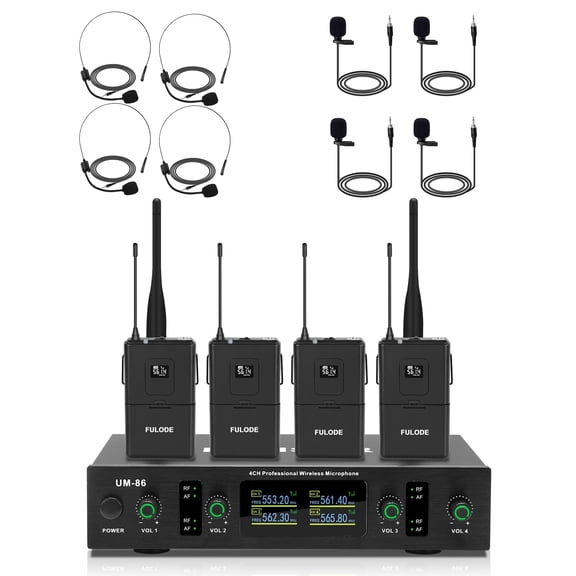 FULODE Wireless Lavalier Microphone System with Headset & Lapel Mics, 4 Channel UHF Cordless Microphone and Metal Receiver Set, 300ft Range for Singing, Church, Karaoke, Preaching, Wedding