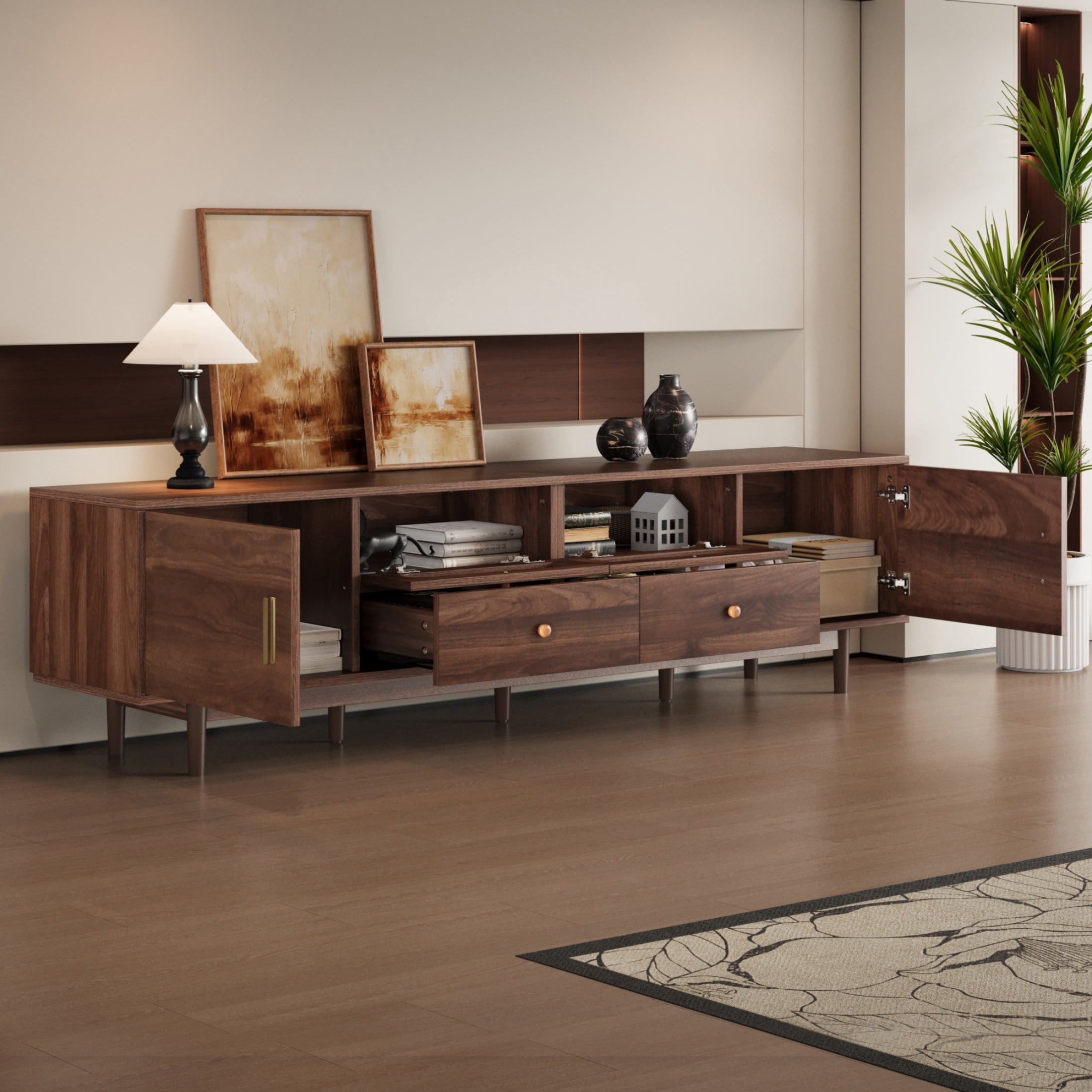 Atumcto 76" Modern Wood TV Stand for 85 Inch TVs, Mid-Century Entertainment Center with Rattan Accent Doors and Storage Cabinets for Living Room or Bedroom
