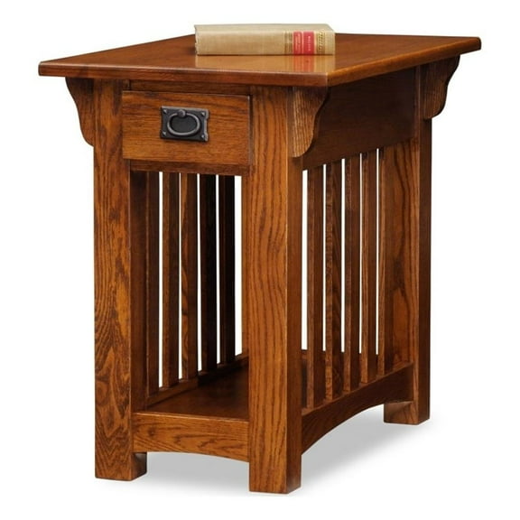 Maklaine Mission Oak Chairside Table with Storage Drawer and Shelf