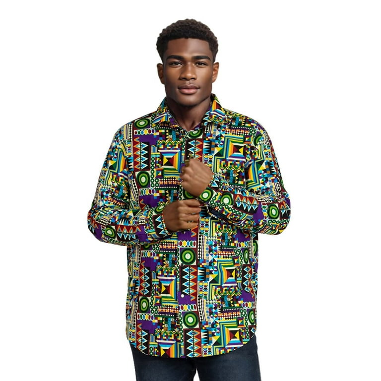80’s AFRICAN PATTERN RAYON SHIRT Mens 80s Style Button Up Shirts African Men's Reversible Shirt