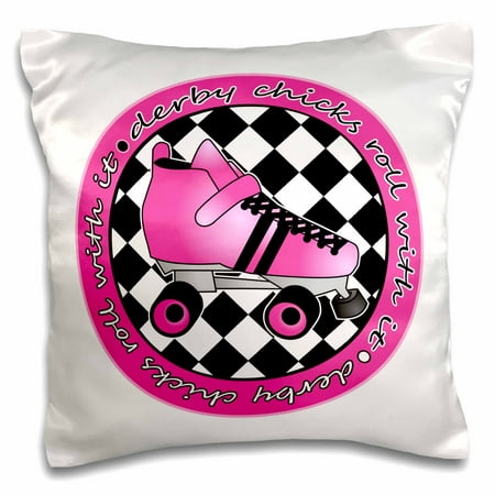 3dRose Derby Chicks Roll With It Hot Pink Roller Skate and White - Pillow Case, 16 by