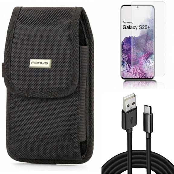 10ft USB Cable w Screen Protector w Case Belt Clip for Samsung Galaxy S20 Plus - Type-C Charger Cord Power, Tempered Glass [Fingerprint Unlock] 3D Curved Edge, Swivel Holster fits Galaxy S20 Plus