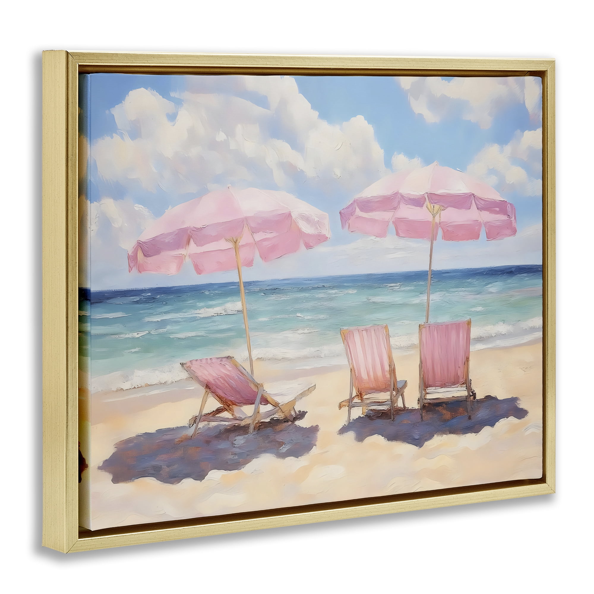 Stupell Industries Pink Summer Chairs by the Sea Gold Framed Floater Canvas Wall Art, design by LSR Design Studio