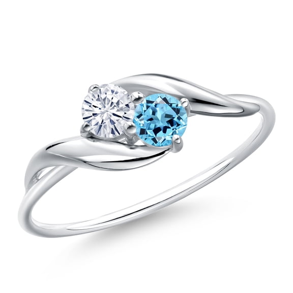 Gem Stone King 10K White Gold Round White Moissanite and Swiss Blue Topaz Ring for Women (0.36 Cttw, Round 3.5MM, Gemstone Birthstone, Size 7)