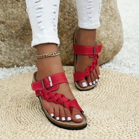 

Women s Toe Loop Cork Slides Braided Buckle Strap Open Toe Non Slip Shoes Roman Style Beach Flat Sandals