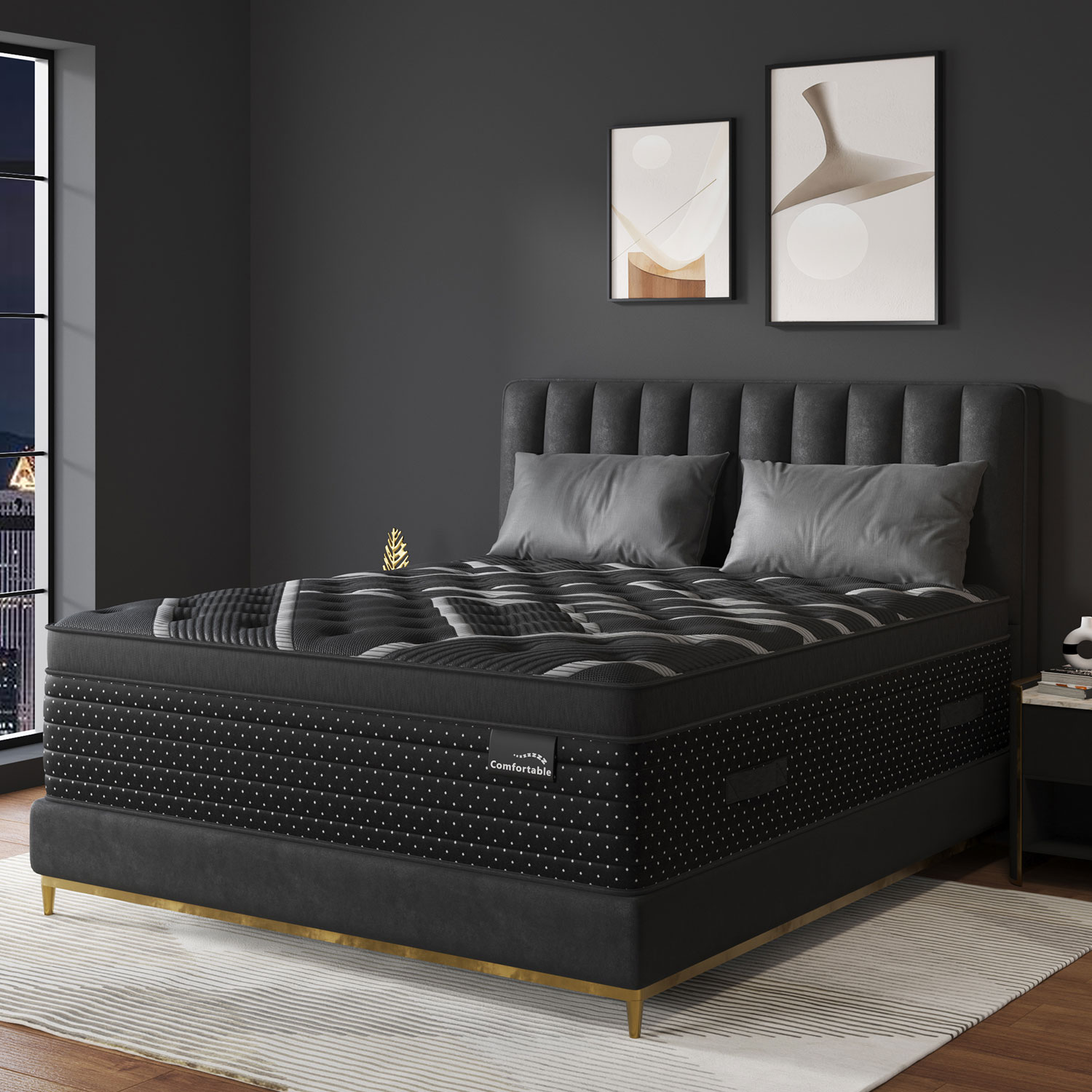 LuckyLotus Queen Mattress 14 inch Hybrid Queen Size Mattress in a Box Gel Memory Foam & Pocket Springs Medium Firm Pressure Relief Strong Edge Support Black