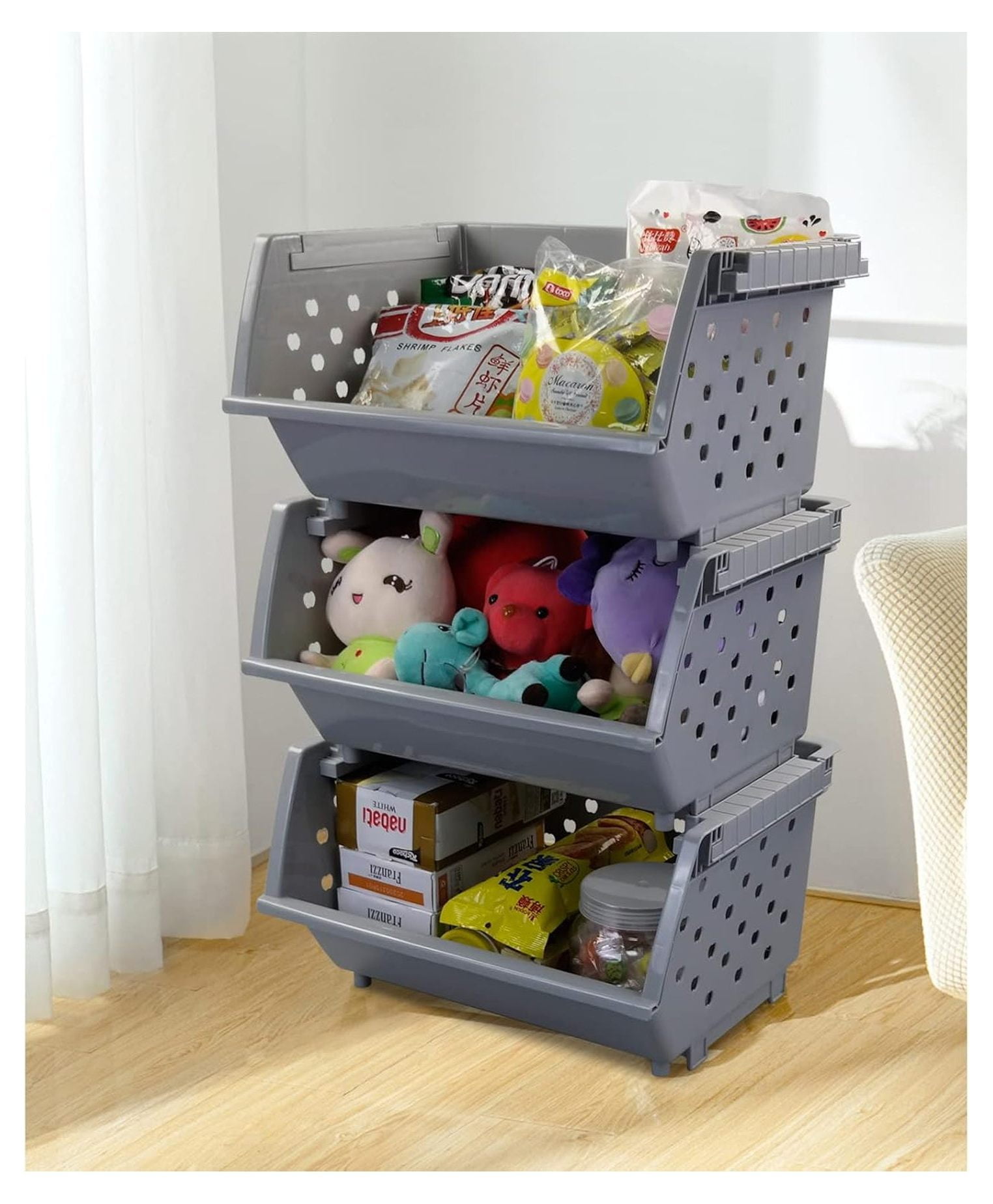 3-Pack Plastic Stackable Storage Baskets, Stacking Organizer Bins, Grey