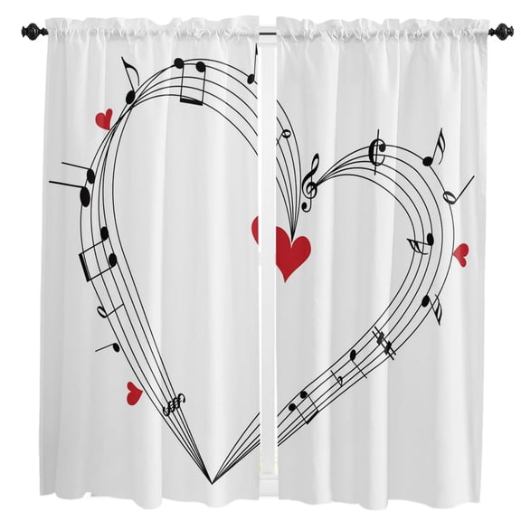 Music Symbol Red Heart Musical Note Curtain For Living Room Kids Bedroom Kitchen Window Curtains Home Interior Drapes