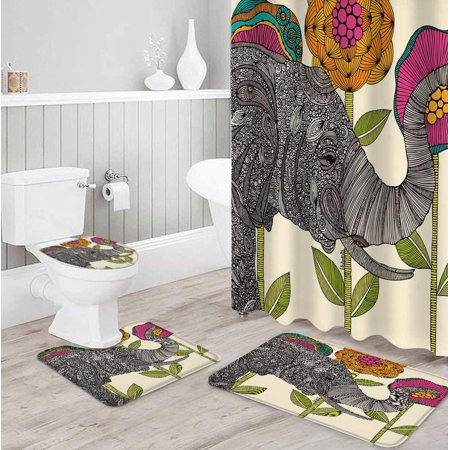 ZHANZZK Bohemian 4 Piece Bathroom Set Shower Curtain Bath Rug Contour Mat and Toilet Lid Cover