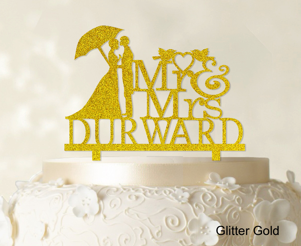 "Mr & Mrs Wedding Cake Topper Personalized Glitter Yellow Cake Topper