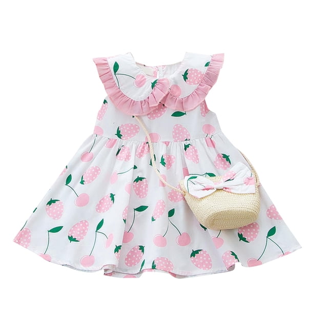 Ensemble Robe et Jupe pour Enfants Filles Bébé Tout-Petits Imprimé Fraise Floral Été Décontracté avec Sac Assorti