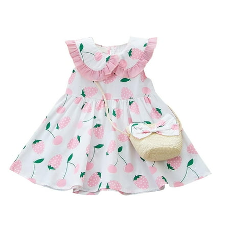 

Little Girls Dresses Kids Outfits Set Casual Princess Dress Baby Toddler Strawberry Bag Print Dress&Skirt