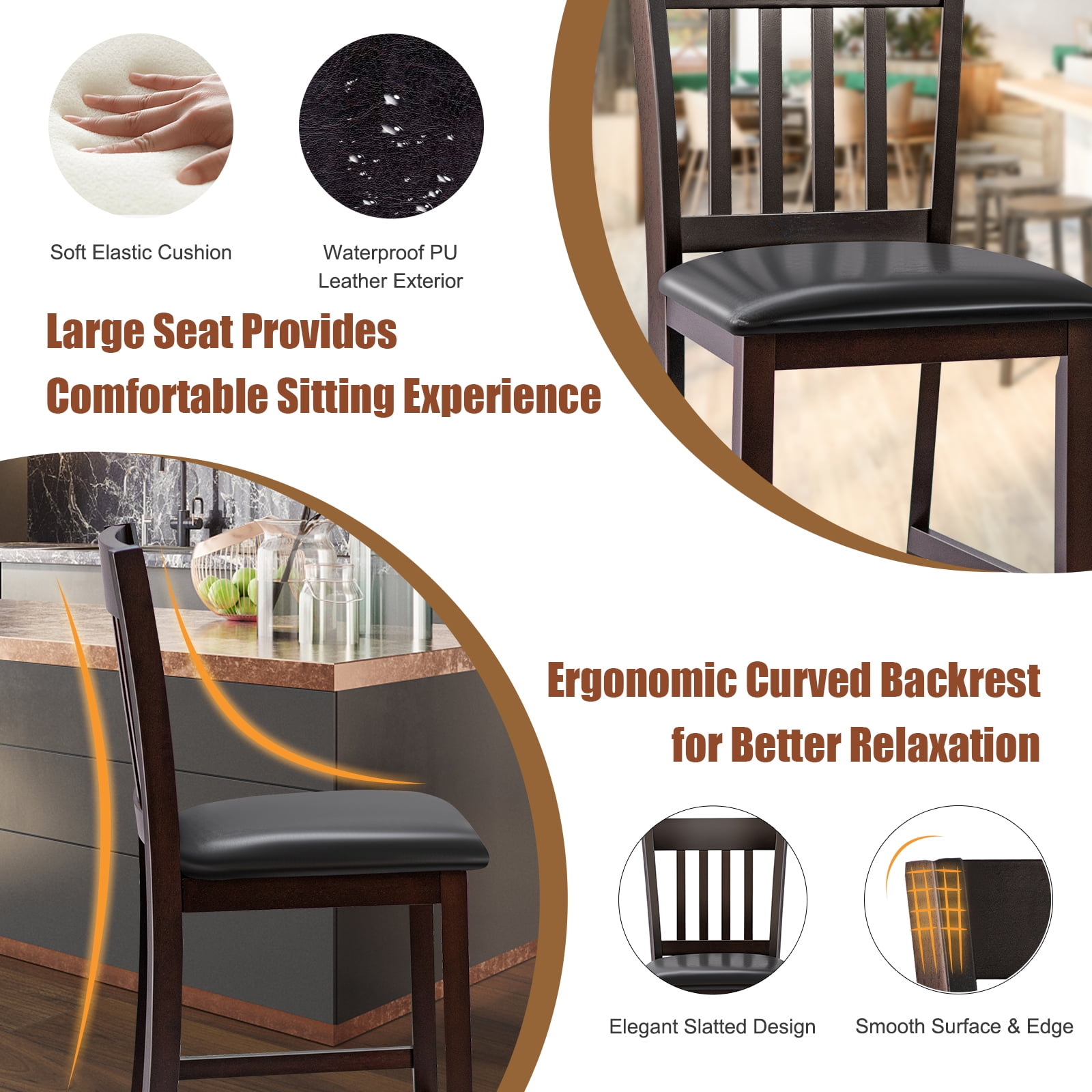 Topbuy Set of 2 Bar Stools Counter Height Pub Chairs w/ PU Leather Seat&Rubber Wood Legs
