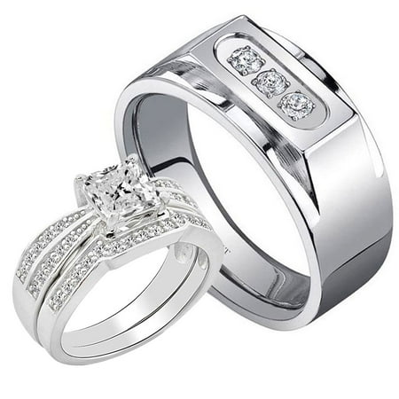 3 Pcs His Hers 2 0ct Sterling Silver Princess Cz Three Stone 3 Pcs His Hers 2 0ct Sterling Silver Princess Cz Three Stone Anium Men Engagement Wedding Ring Set