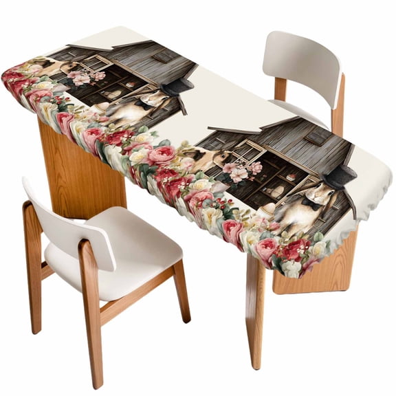 Beige Easter Bunny Table Cloths for 8 Foot Rectangle Tables, Spring Retro Farmhouse Rabbits Floral Patio Waterproof Elastic Fitted Tablecloths, Washable Rectangular Table Cover for Camping