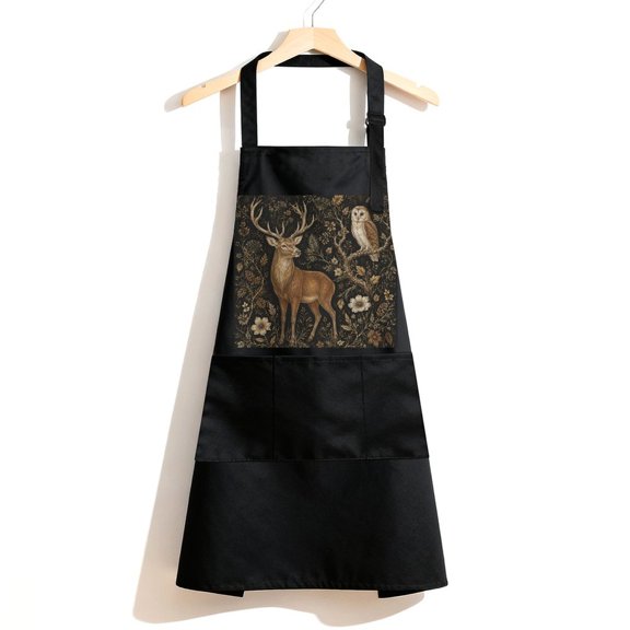 RKSupls Waterproof Bib Apron with 3 Pockets, Stag And Owl In Dark Forest Adjustable Neck Strap Soft Polyester Water Resistant Apron for Kitchen Restaurant Home Use