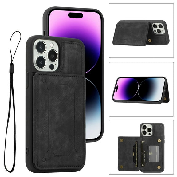 ELEHOLD Magnetic Wallet Case for iPhone 14 Pro 6.1",PU Leather Card Slots Stand Function Shockproof  Multi-Functional Purse Case with Wrist Strap,Black