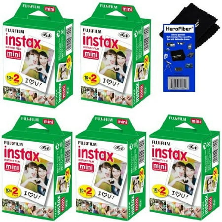 Image of Fujifilm Instax Mini Twin Pack Instant Film - 5 pack (100 sheets) for Fujifilm Instax Mini 7s Mini 8 Mini 9 Mini 25 Mini 50S Mini 90 SP-1 & SP-2 Smartphone Printer + HeroFiber Cleaning Cloth