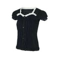 thumbnail image 3 of hirigin Women's Lace Patchwork T-shirt Ruffled Button Up Short Sleeve Pleated Casual Tops Streetwear for Summer, 3 of 9