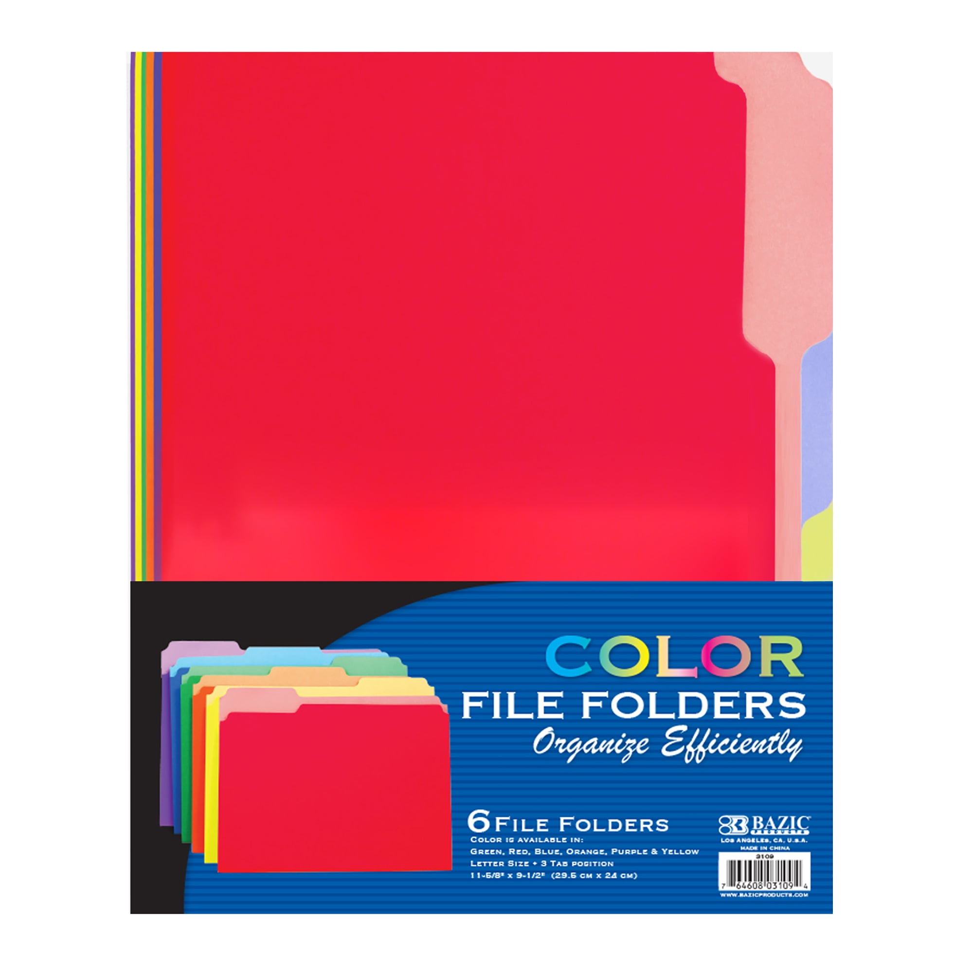 BAZIC Manila File Folder 1/3 Cut Letter Size, Assorted Color Left Right