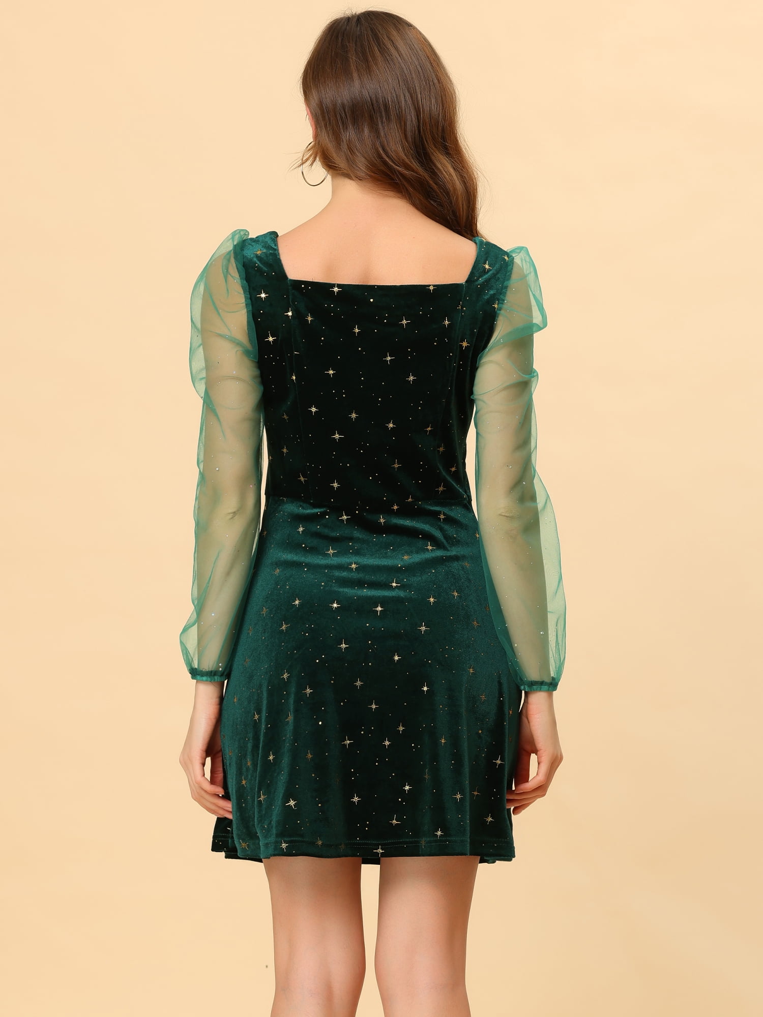 DARING DIVA Square Neck Mesh Sheer Sleeve Glitter Star Velvet Mini Dress M Green