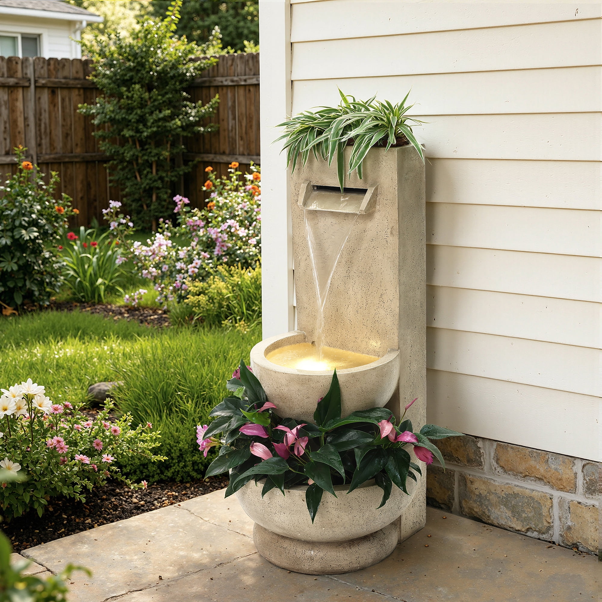LuxenHome 2.7-Feet Tall Polyresin Fountain with Planter, Lighted Outdoor Water Feature