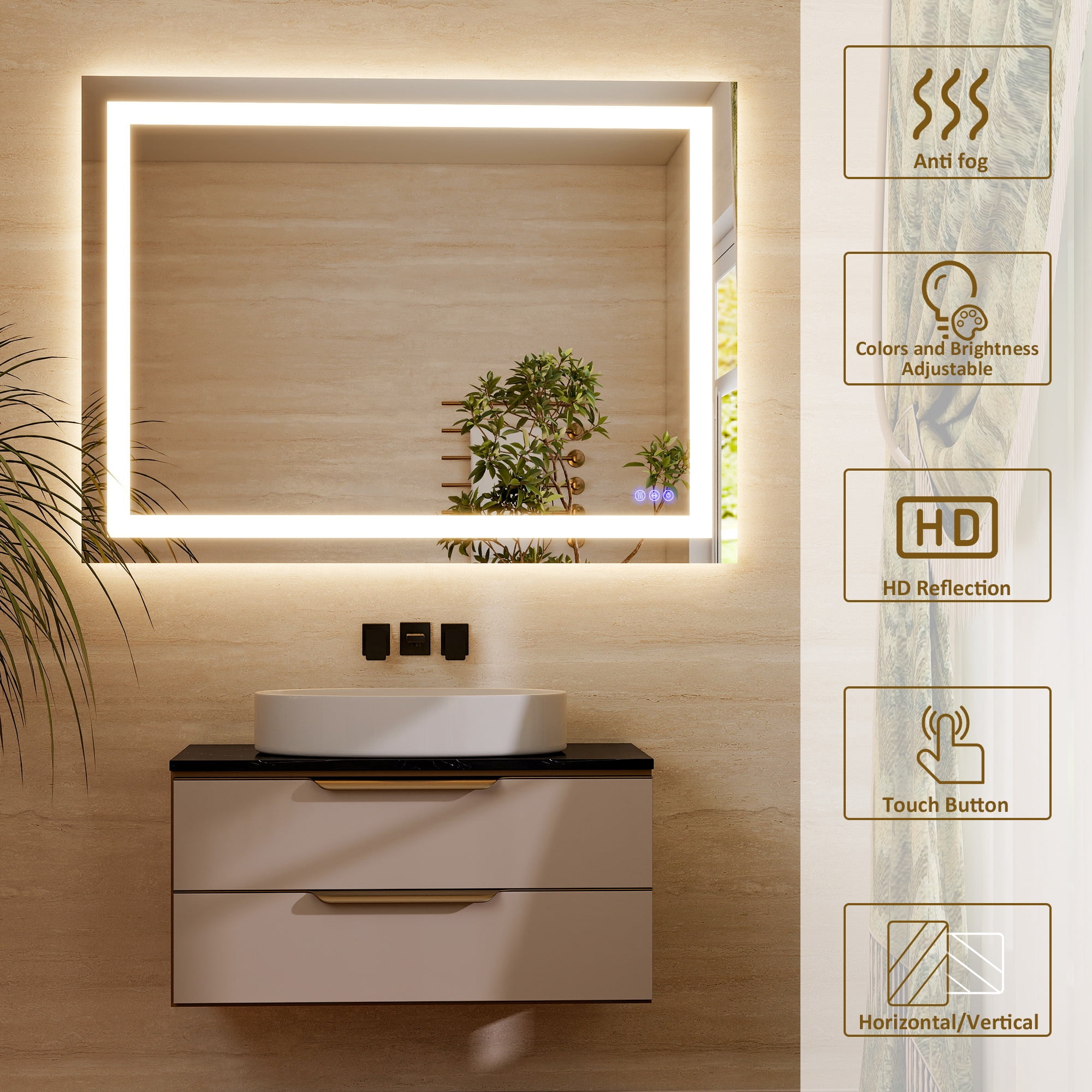 Easy4Home 48"x36" LED Bathroom Mirror Wall Mounted Anti-Fog Vanity Mirror with Adjustable Lights, White