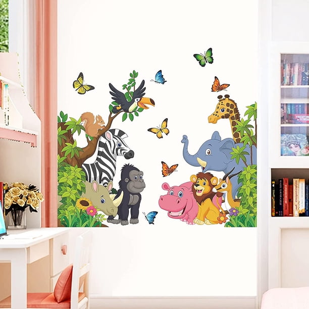Tz-animal3Pegatinas de pared de animales, decoración de elefante, orangután, cebra, jirafa, mariposa, león, rinoceronte, antílope, hipopótamo, ardilla, decoración de pared artesana