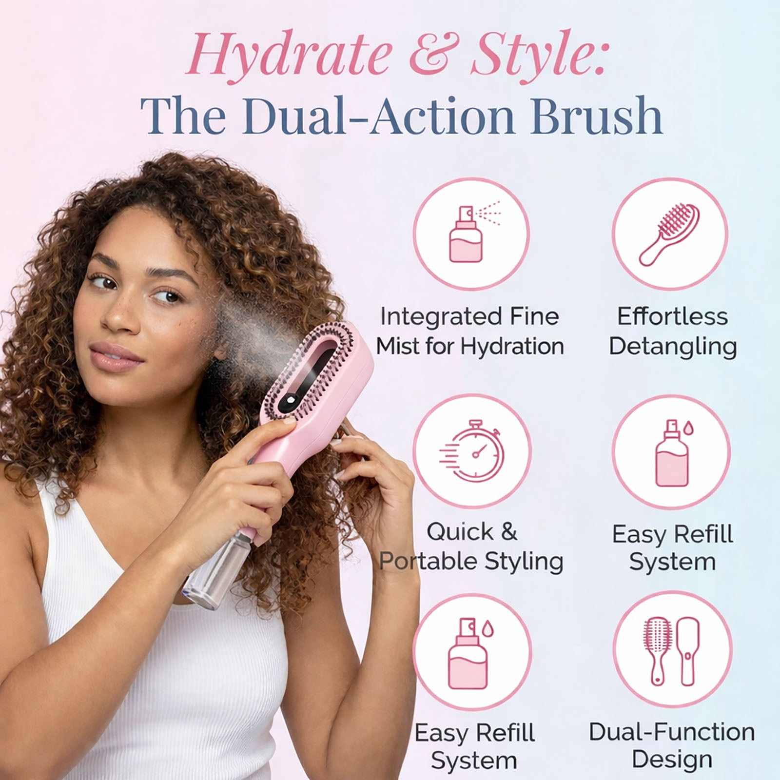 100Pcs Aqua Brush for Hair, AquaBrush 2-in-1 Detangler Hair Brush with Built-In Mister Spray, Portable Wet & Dry Detangling Brush for Curly, Wavy & Straight Hair, for Smooth, Frizz-Free Hair