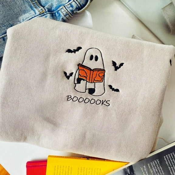 Embroidered Booooks Ghost Reading Sweatshirt