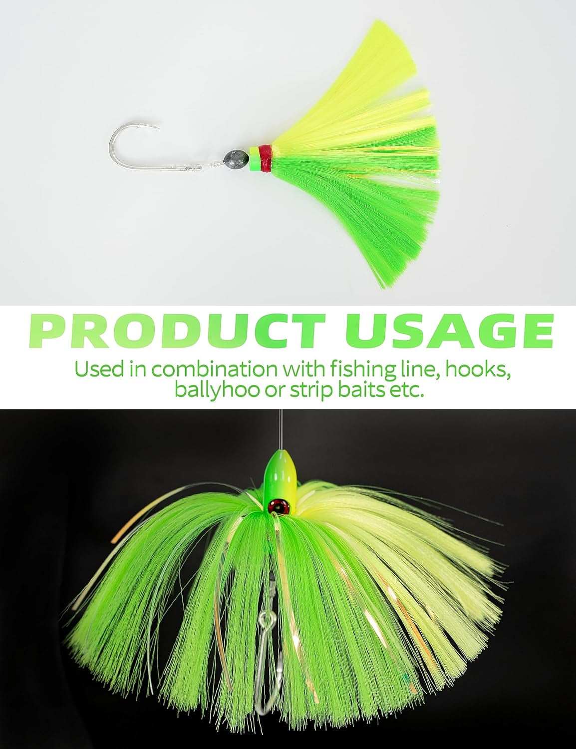 BLUEWING 6oz Trolling Witch Lure with Lead Head Saltwater Fishing Lures Big Game Trolling Lure Ballyhoo Trolling Skirt for Tuna, Wahoo, Sailfish, Mahi Mahi, Green/Yellow