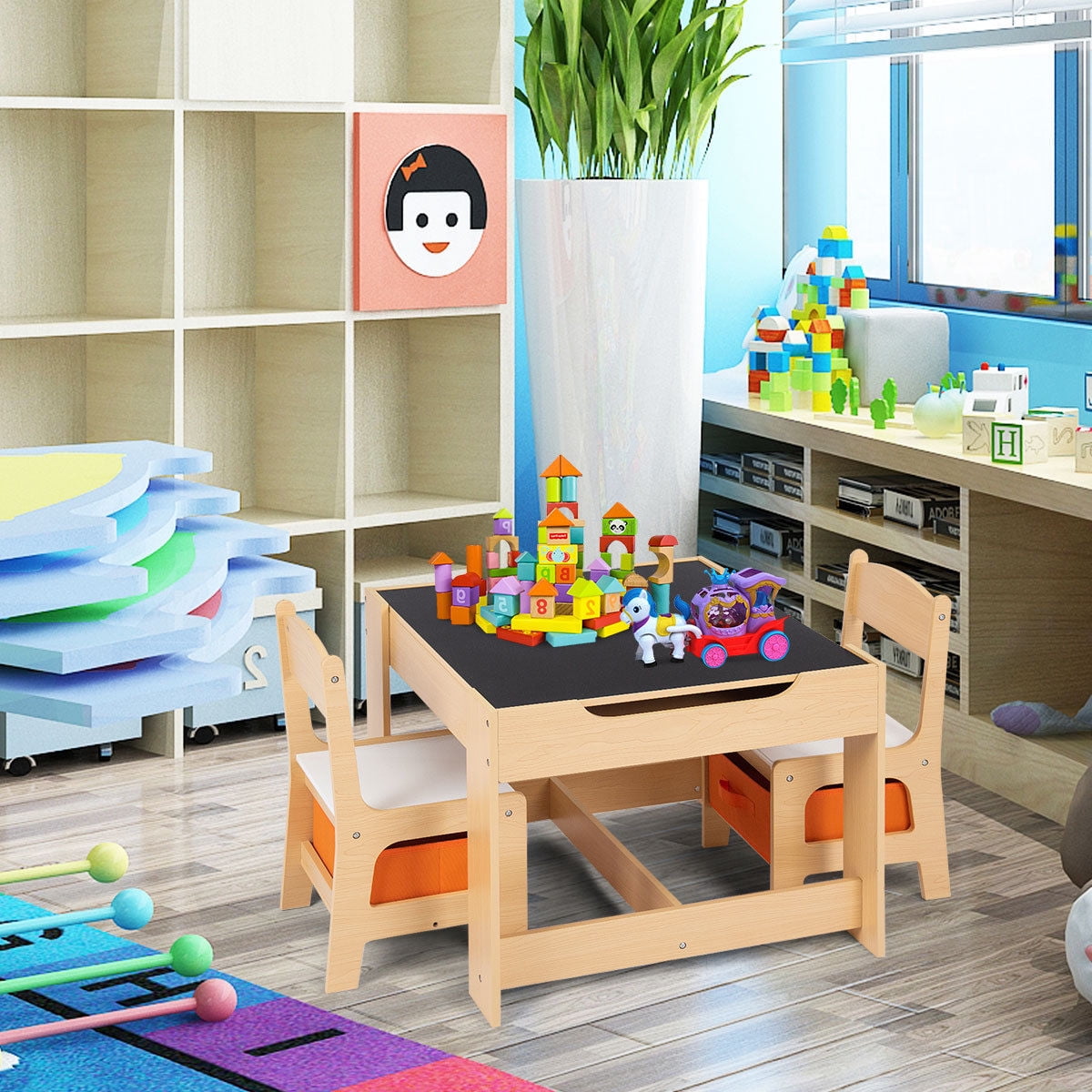 Gymax Children Kids Table Chairs Set W/ Storage Boxes Blackboard Whiteboard Drawing