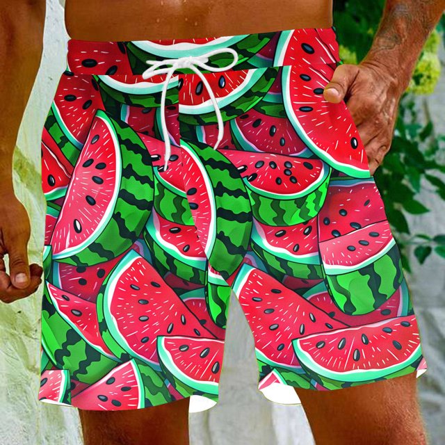 EOYWHK Big and Tall Swim Trunks for Men High Waisted Tropical Fruits Print Beach Shorts Elastic Waist Board Shorts with Drawstring for Swimming Running Surfing