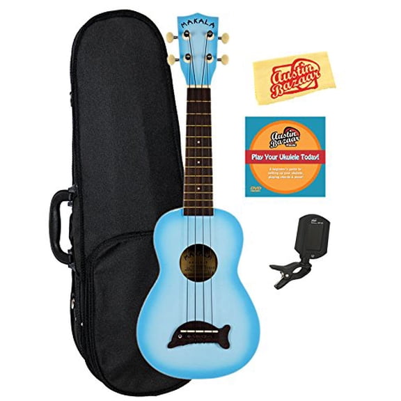 Kala MK-SD-LBBURST Makala Dolphin Soprano Ukulele - Light Blue Burst Bundle with Hard Case, Tuner, Austin Bazaar Instructional DVD, and Polishing Cloth, Light Blue Burst, Bundle w/Hard Case