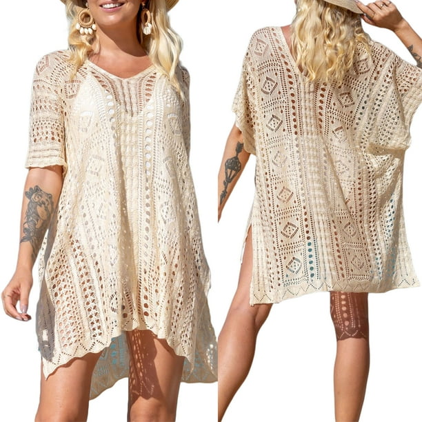 Txlixc Vestido de bikini para mujer, vestido de playa transparente hueco de manga corta con cuello en V liso Txlixc Sexy