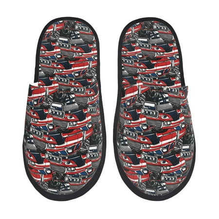 Balery Red And Blue Cars Slient Indoor Furry Fleece Comfort House Shoes Soft Non-Slip Home Shoes Cotton slippers House Slippers-- Medium