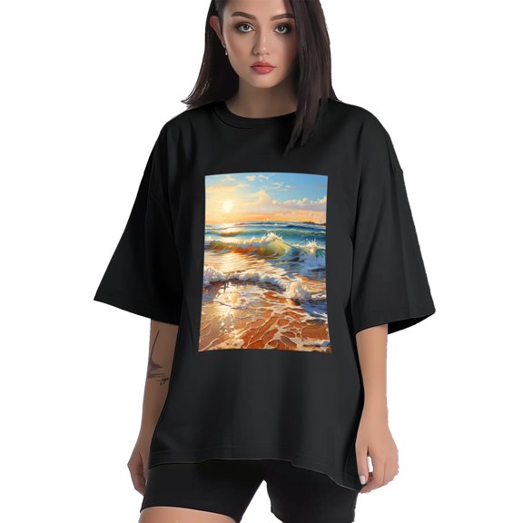 Plus Size Shirt for Women Black Tops for Women Short Sleeves Shirt for Women Sea Wave T Shirt Crewneck Shirt for Women XS
