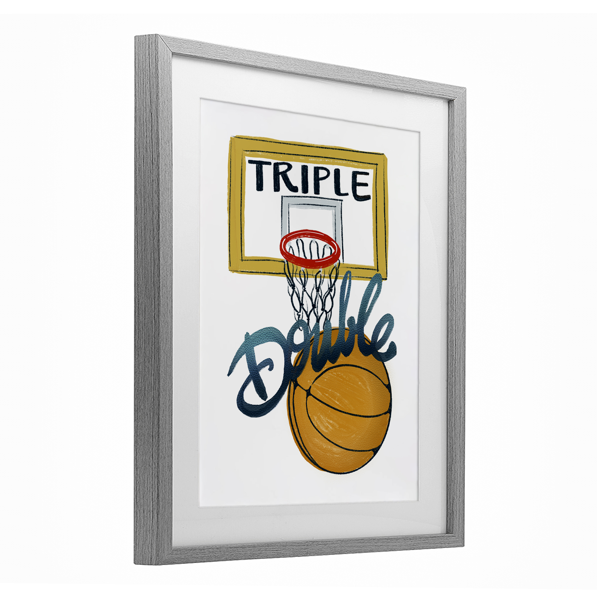 Triple Double Basketball Gray Framed Print Under Glass, design by Connie Summers