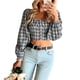 thumbnail image 3 of Blusas cortas a cuadros para mujer, blusa corta a cuadros con mangas largas abullonadas, camisa a cuadros para mujer, precio inmejorable, 3 of 6