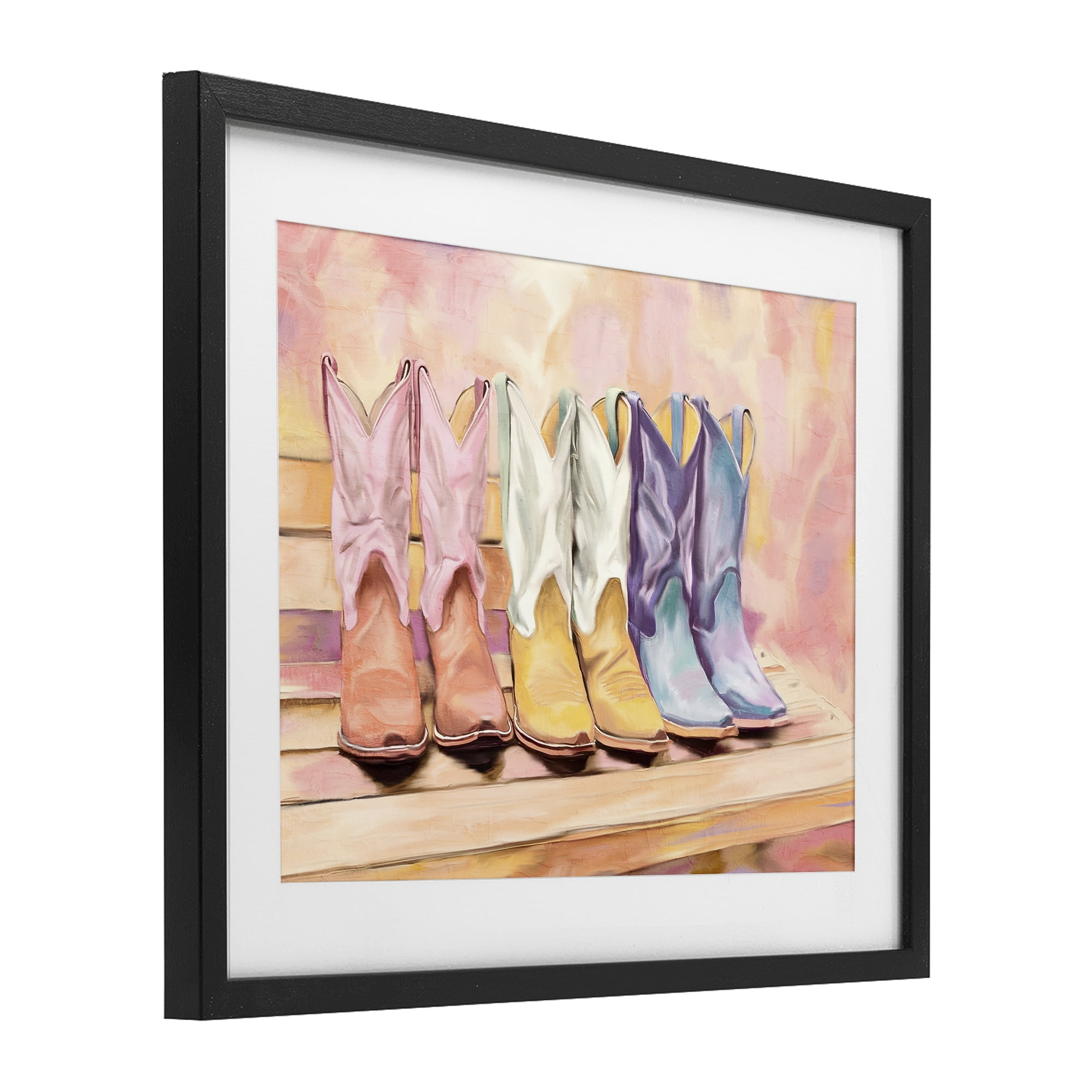 Painted Boots Trio Black Framed Print Under Glass, design by Kim Allen