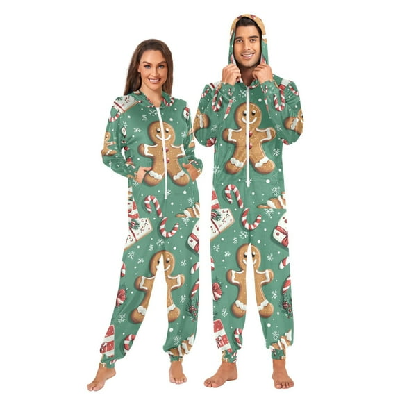 FORMRS Onesies Pajama for Adults Unisex Hoodie Winter Jumpsuit One Piece Sleepwear, Sizes S-2XL, Christmas Gingerbread