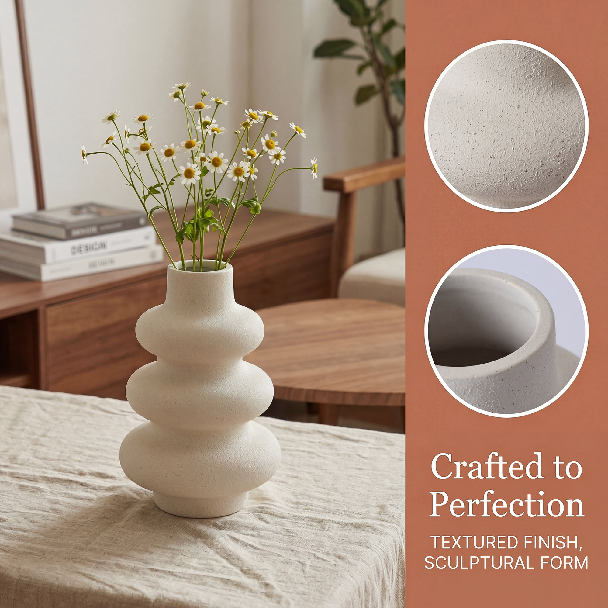 Unique Bargains Ceramic Modern Ripple Textured Decorative Vase White 5.4"L x 5.4"W x 8"H